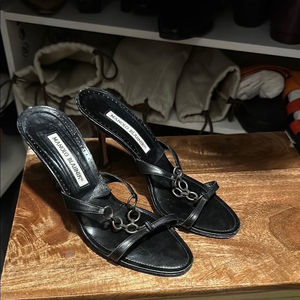 Manolo Blahnik Black Leather Heeled Sandals